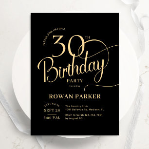 Invitation Or noir Élégant Script pour 30e anniversaire