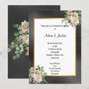 INVITATION OR NOIR EMBOSSÉ ROSE EUCALYPTUS MARIAGE BLANC
