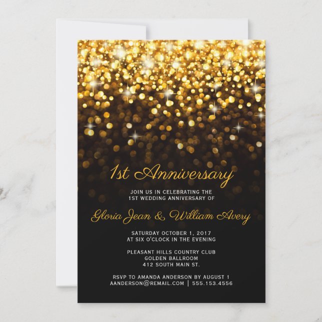 Invitation Or Noir Hollywood Glam 1er anniversaire de mariage (Devant)