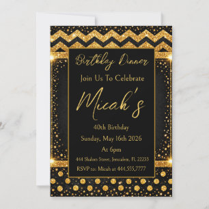 Invitation Or Noir Lignes Zig zag Confettis Points Luxe Chic