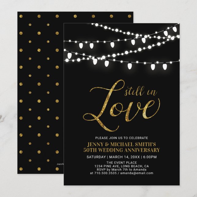 Invitation Or & Noir | Moderne 50e Anniversaire de Mariage (Devant / Derrière)