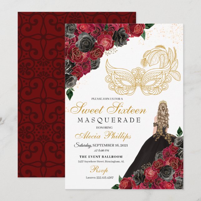 Invitation Or Noir Roses Rouges Masquerade Sweet 16 (Devant / Derrière)
