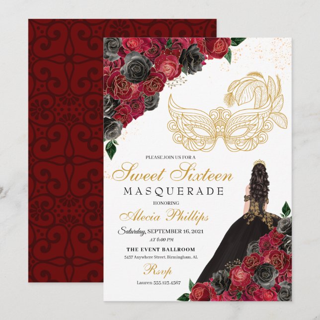 Invitation Or Noir Roses Rouges Masquerade Sweet 16 (Devant / Derrière)