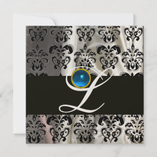 INVITATION OR NOIR SOIE DAMASSÉ MONOGRAMME SAPPHIR BLEU
