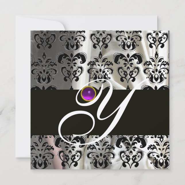 INVITATION OR NOIR SOIE DAMASSÉE MONOGRAMME POURPRE AMÉTHYSTE (Devant)
