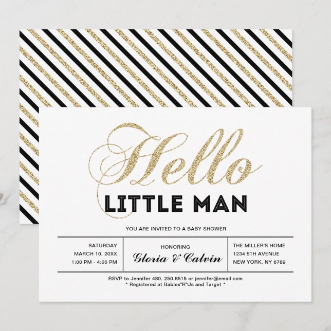 Invitation Or, noir | Typographie moderne Baby shower garçon (Devant / Derrière)