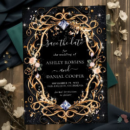 Invitation Or Ornate et Diamants Noir Enregistrer la date