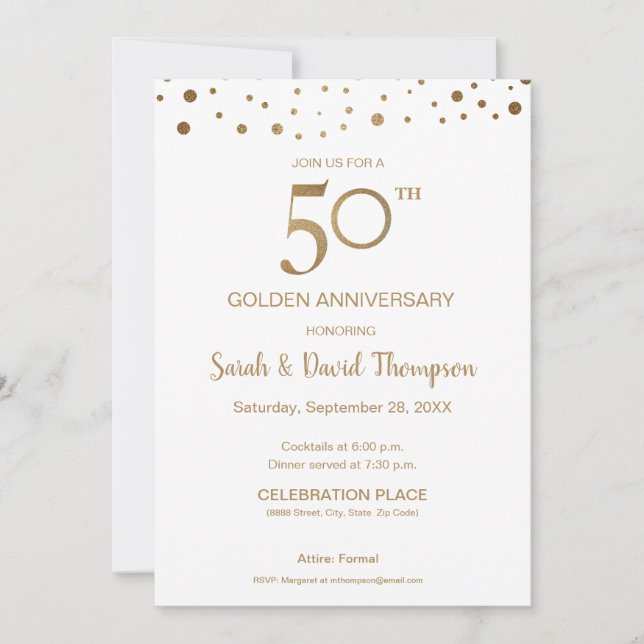 Invitation Or personnalisé blanc 50e anniversaire de mariage (Devant)