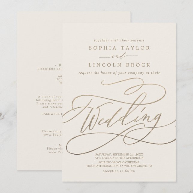 Invitation Or romantique | Détails ivoire sur le Mariage arri (Devant / Derrière)