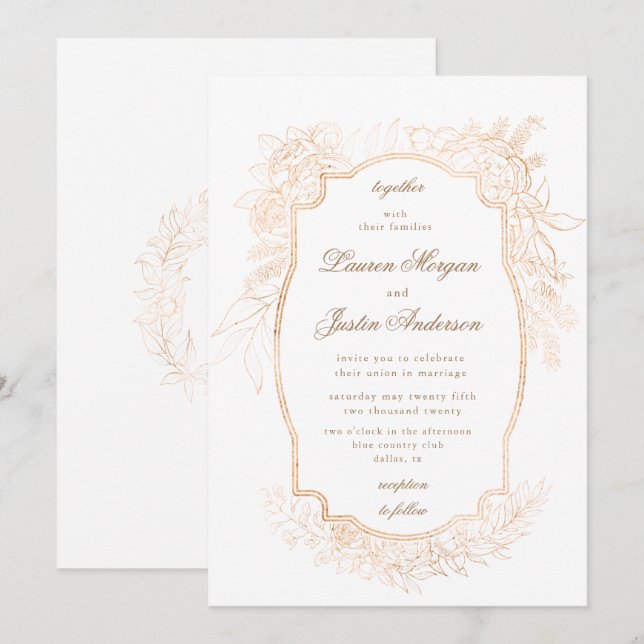 Invitation or romantique floral traditionnel Mariage Invitati (Devant / Derrière)