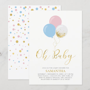 Invitation Or, rose, Ballons Bleus   Oh Baby shower bébé
