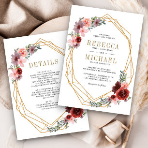 Invitation Or rose Bourgogne Floral tout en un Mariage