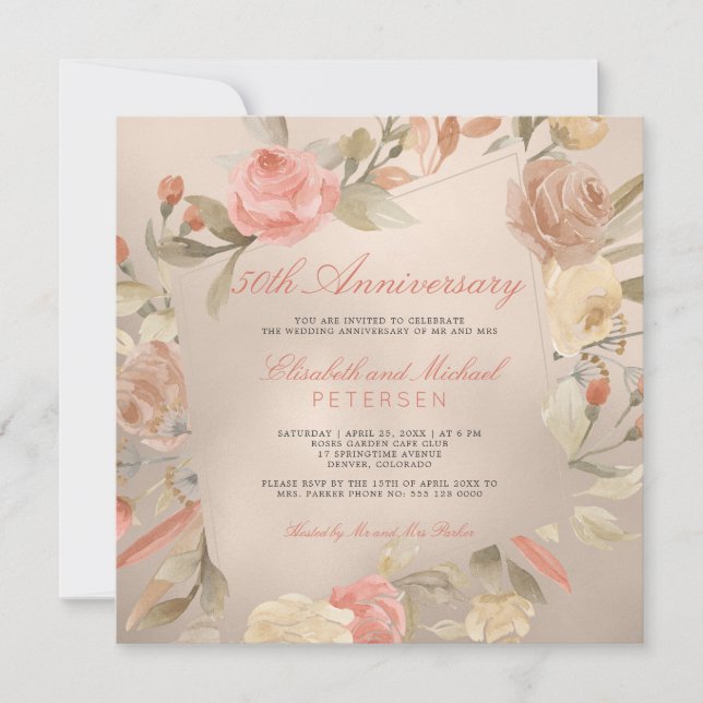 Invitation Or Rose Corail Fleur Luxe Or Péché Mariage Anniver (Devant)
