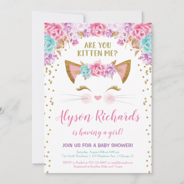 Invitation Or rose et baby shower floral turquoise de fille (Devant)