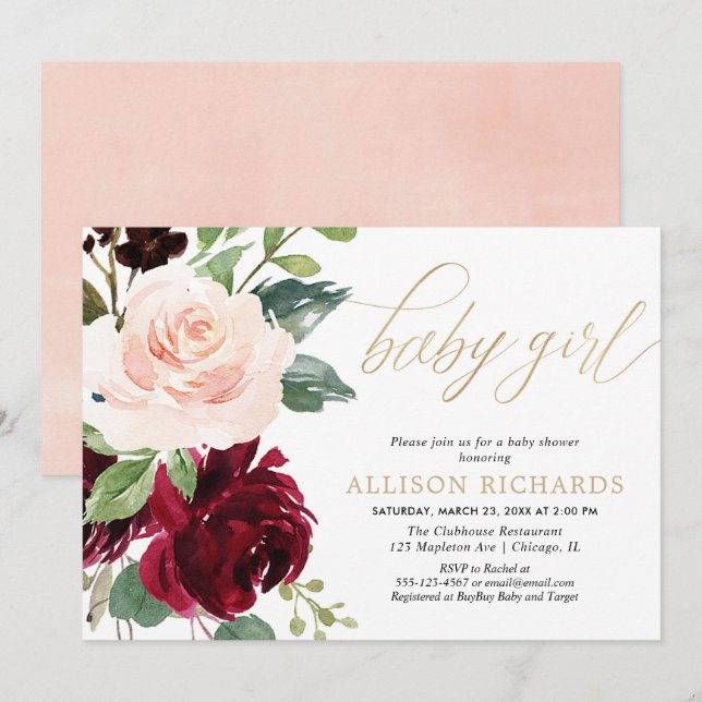 Invitation Or rose et bordeaux baby shower de fille à fleurs (Devant / Derrière)