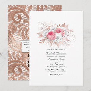 Invitation Or rose et Rose Floral et dentelle QR Code Mariage