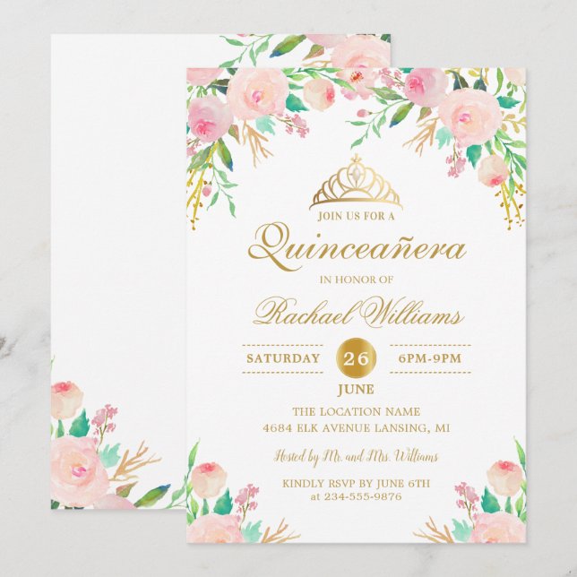 Invitation Or rose Floral Tiara Quinceañera 15e anniversaire (Devant / Derrière)
