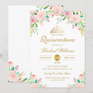 Invitation Or rose Floral Tiara Quinceañera 15e anniversaire
