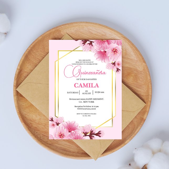 Invitation Or rose géométrique Fleur de cerisier Quinceañera (Créateur téléchargé)