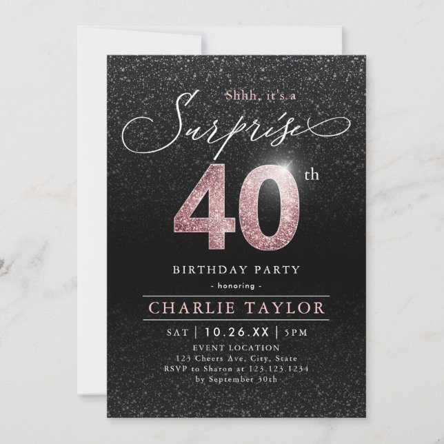 Invitation Or rose moderne noir surprise 40e anniversaire (Devant)