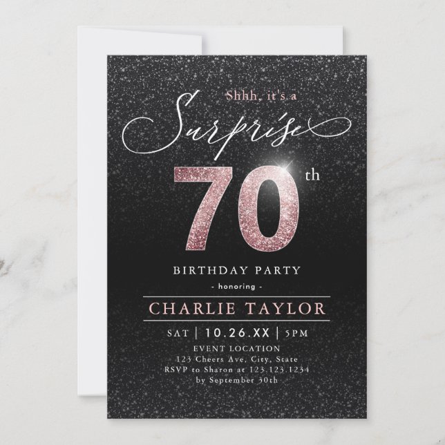 Invitation Or rose moderne noir surprise 70e anniversaire (Devant)