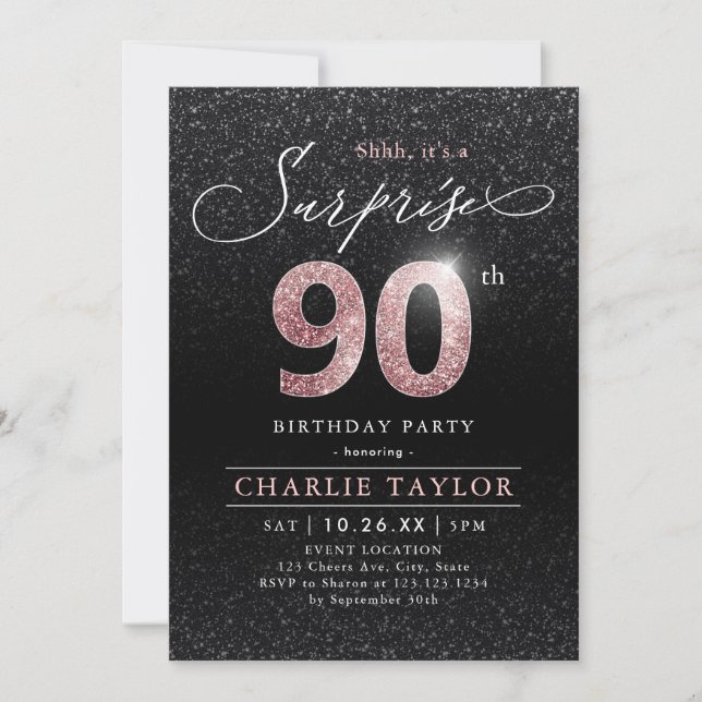 Invitation Or rose moderne noir surprise 90e anniversaire (Devant)