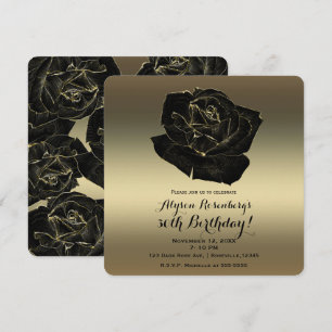 Invitation Or & Rose Noire Élégante Fête d'Anniversaire Chic