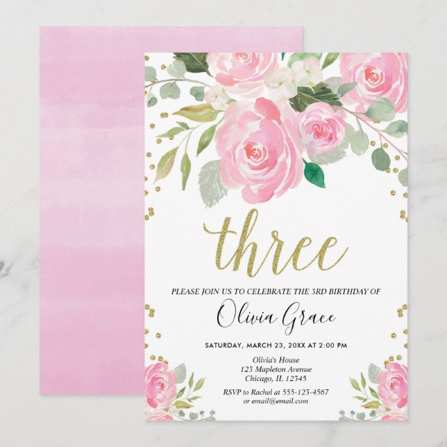 Invitation Or rose pâle 3e anniversaire floral fille annivers (Devant / Derrière)