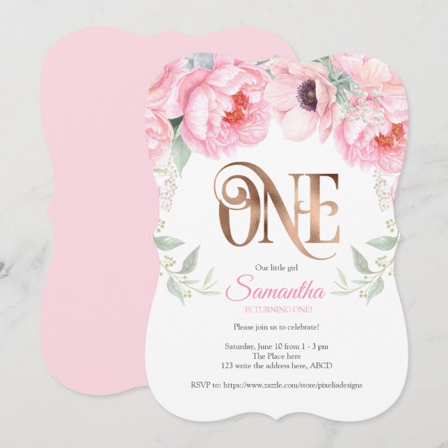 Invitation or rose, Rose, Aquarelle, Floral, 1er anniversaire (Devant / Derrière)