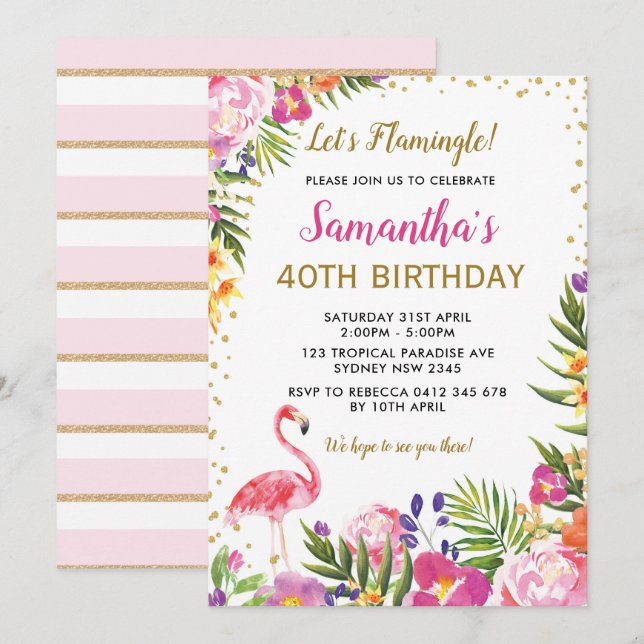 Invitation Or rose tropical floral de fête d'anniversaire de (Devant / Derrière)