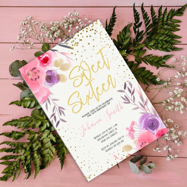 Invitation Or rose violet Sweet sixteen Floral Anniversaire (Créateur téléchargé)