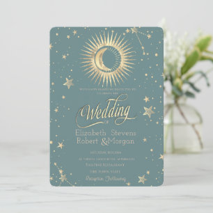 Invitation Or solaire céleste et lune et étoiles sur fond ver