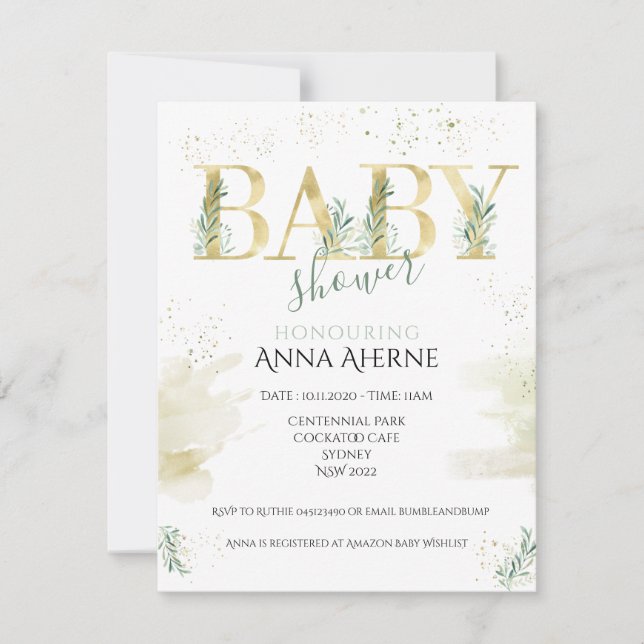 Invitation Or sophistiqué avec baby shower vert sauge (Devant)