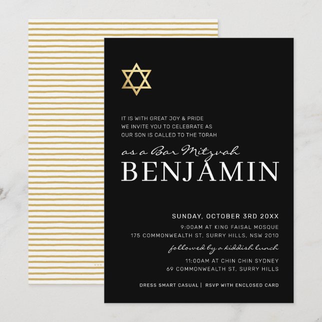 Invitation OR STAR moderne Bar Mitzvah minimum noir blanc noi (Devant / Derrière)