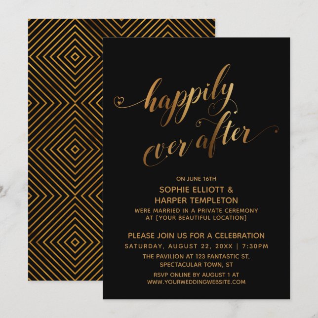 Invitation Or sur Noir Après Mariage Heureux à Jamais (Devant / Derrière)