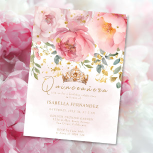 Invitation Or Tiara Blush rose élégant Floral Quinceañera