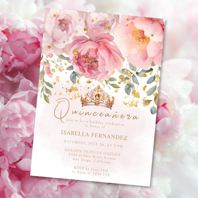 Invitation Or Tiara Blush rose élégant Floral Quinceañera (Créateur téléchargé)