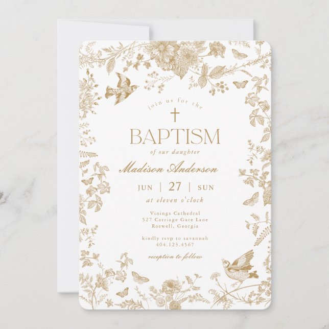 Invitation Or Toile De Jouy Floral Français Baptême (Devant)