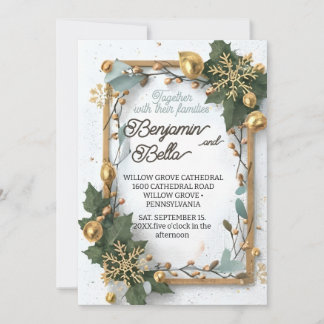 Invitation or typographie feuille neige élégant mariage d'hiv