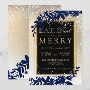 Invitation or typographie feuille neige marine manger Noël