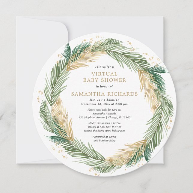 Invitation Or verdoyant Baby shower virtuel hiver (Devant)