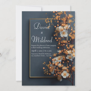 Invitation Or Verge d'Or Blanc Floral Ardoise Bleu Mariage