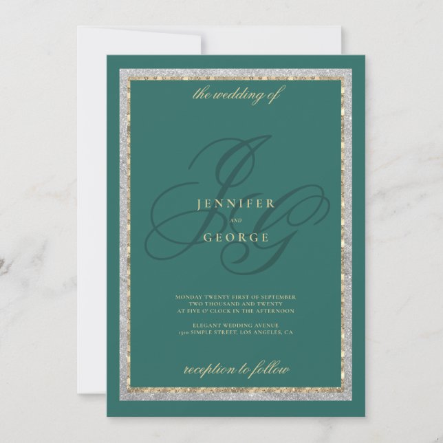 Invitation Or vert jade argent monogramme initiales mariage (Devant)