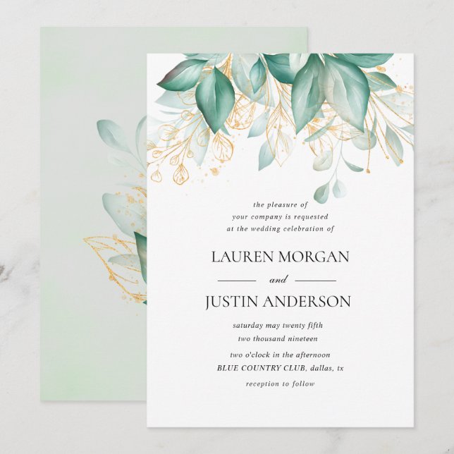 Invitation or vert poussiéreux mariage de verdure eucalyptus (Devant / Derrière)