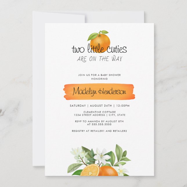 Invitation Orange 2 Little Cuties Twins Baby shower (Devant)