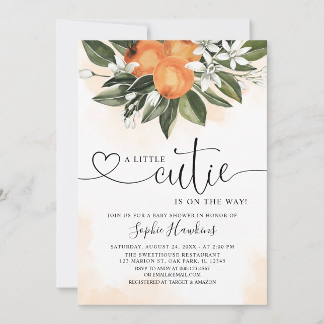 Invitation Orange À Thème Un Petit baby shower De Cutie (Devant)