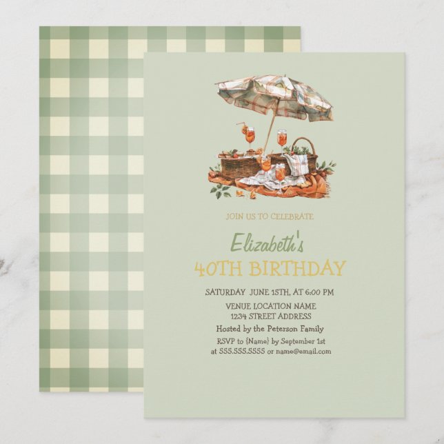 Invitation Orange Aperol Green Plaid Pique-nique 40ème Annive (Devant / Derrière)