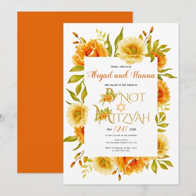 Invitation Orange aquarelle fleurs florales B'Not Mitzvah (Devant / Derrière)