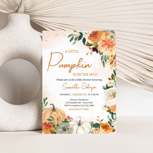 Invitation Orange Automne Automne Citrouille Floral Baby show (Autumn Floral Pumpkin Baby Shower Invitation)