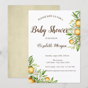 Invitation Orange, Baby shower Citrus Feuille